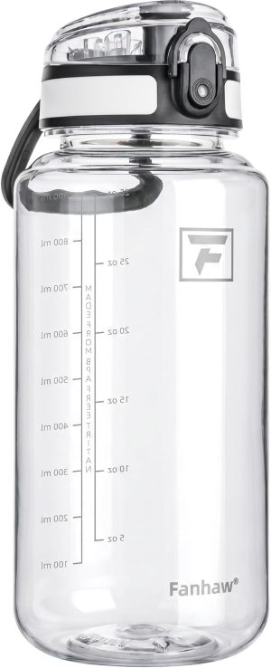 32 oz (approx. 950 ml) clear Tritan water bottle; BPA-free and leak-proof; wide-mouth design with a dust-proof direct-drinking lid (clear with white).